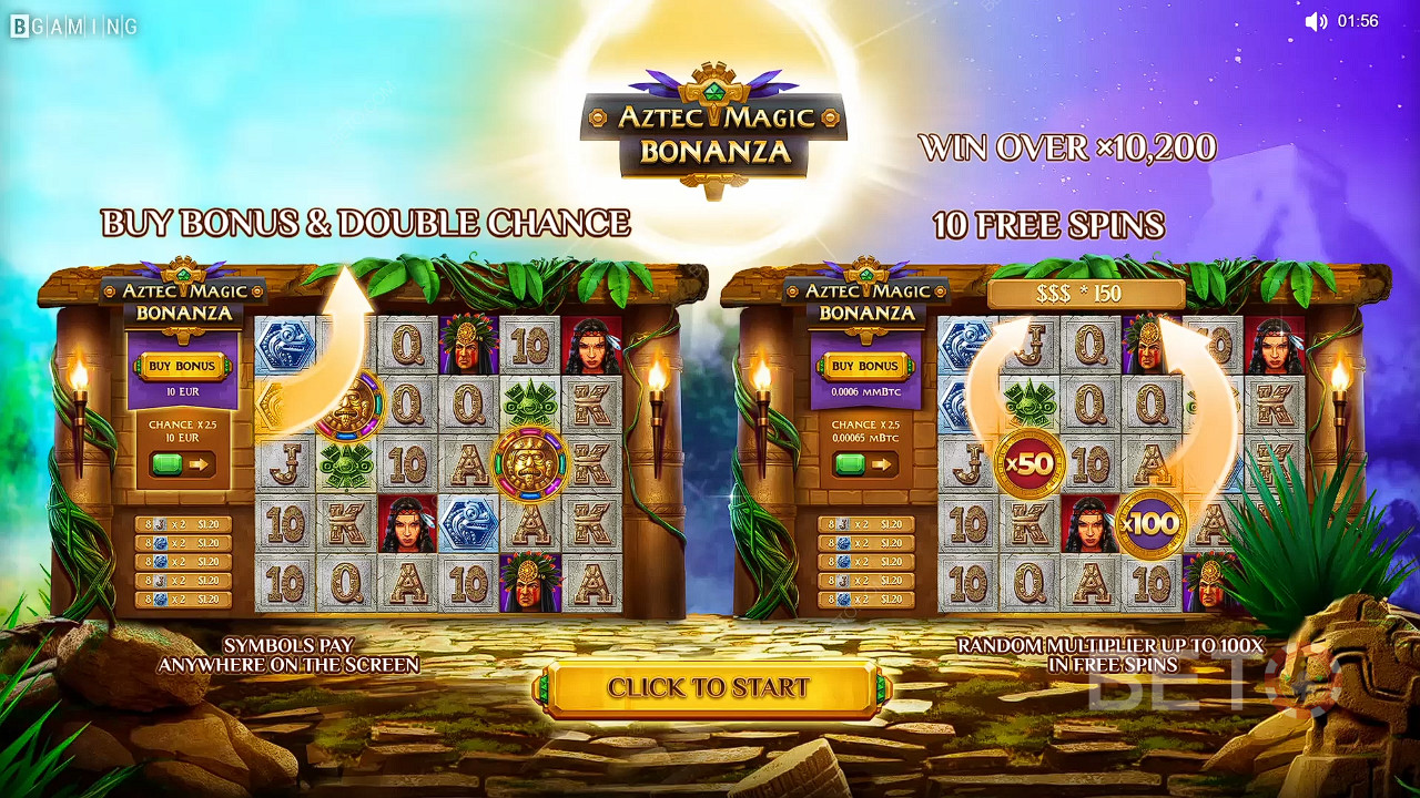 Élvezze a Buy Bonus, a Double Chance és az ingyenes pörgetések az Aztec Magic Bonanza játékban