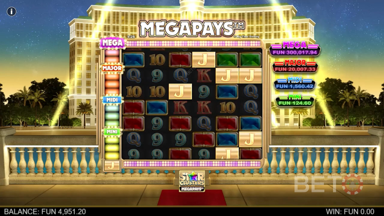 A Star Clusters Megapays nyerőgépen a nyereményhez a Megapays szimbólum legalább 4 példánya jelenik meg.