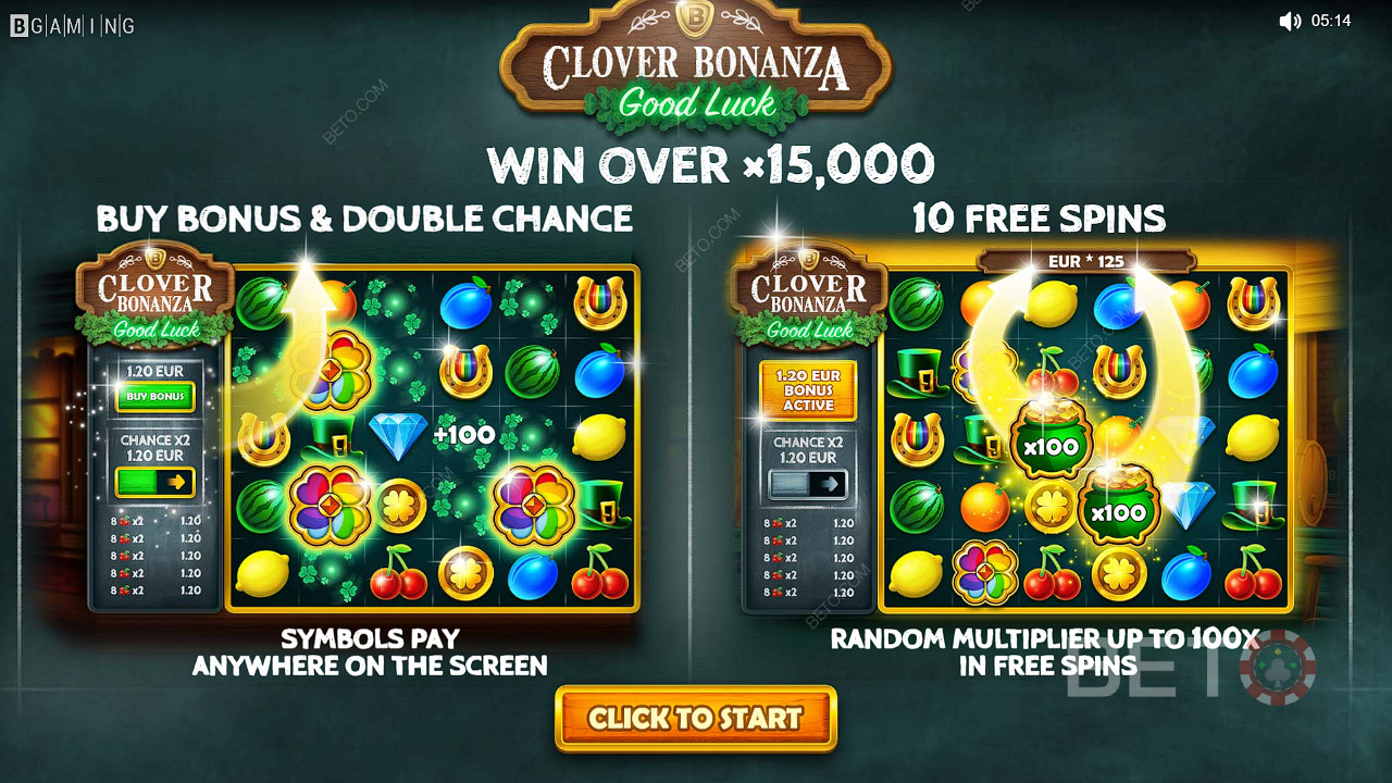 Élvezze a Buy Bonus, Double Chance és Free Spins funkciókat a Clover Bonanza nyerőgépben.