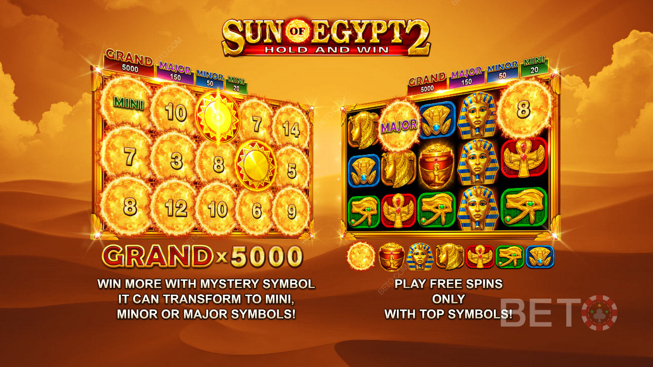 Élvezze a tétje akár 5,000-szeresét elérő jackpotokat és az ingyenes pörgetéseket a Sun of Egypt 2 nyerőgépben.