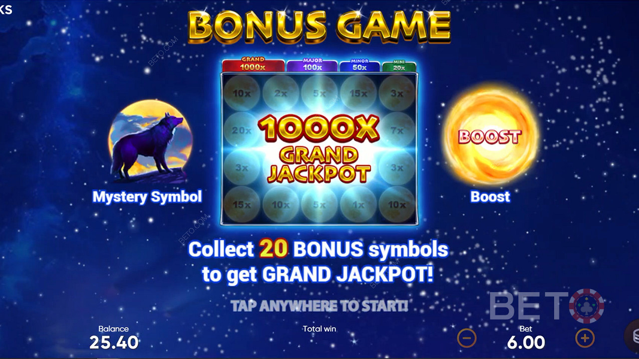 Gyűjtsön össze 20 bónusz szimbólumot a bónuszjátékban a Grand Jackpot megnyitásához.