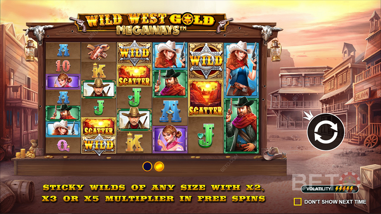 Akár 5x-es szorzóval ellátott Sticky Wilds van a Wild West Gold Megaways nyerőgépben.