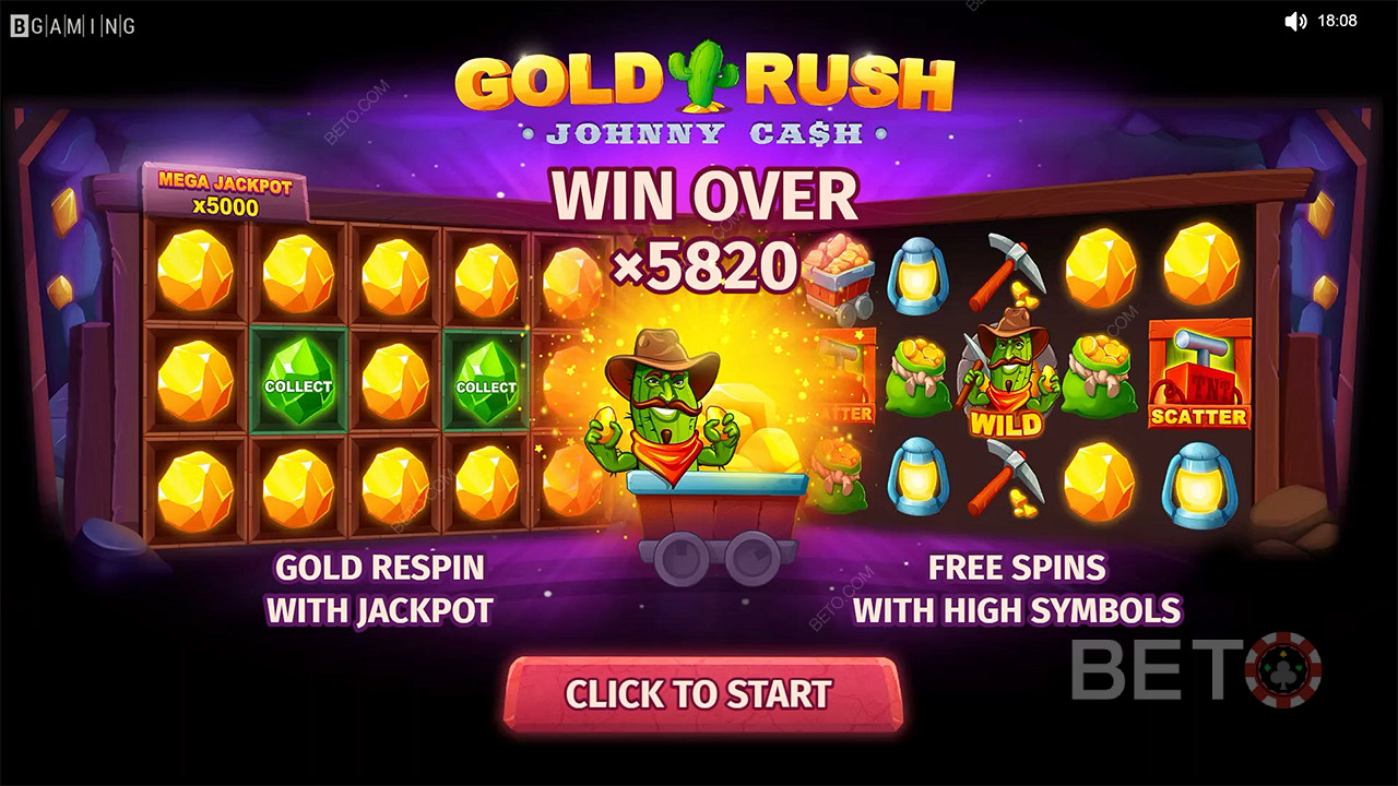 Élvezze a visszapörgetéseket és az ingyenes pörgetéseket a Gold Rush With Johnny Cash nyerőgépben a magas kifizetésű szimbólumokkal.