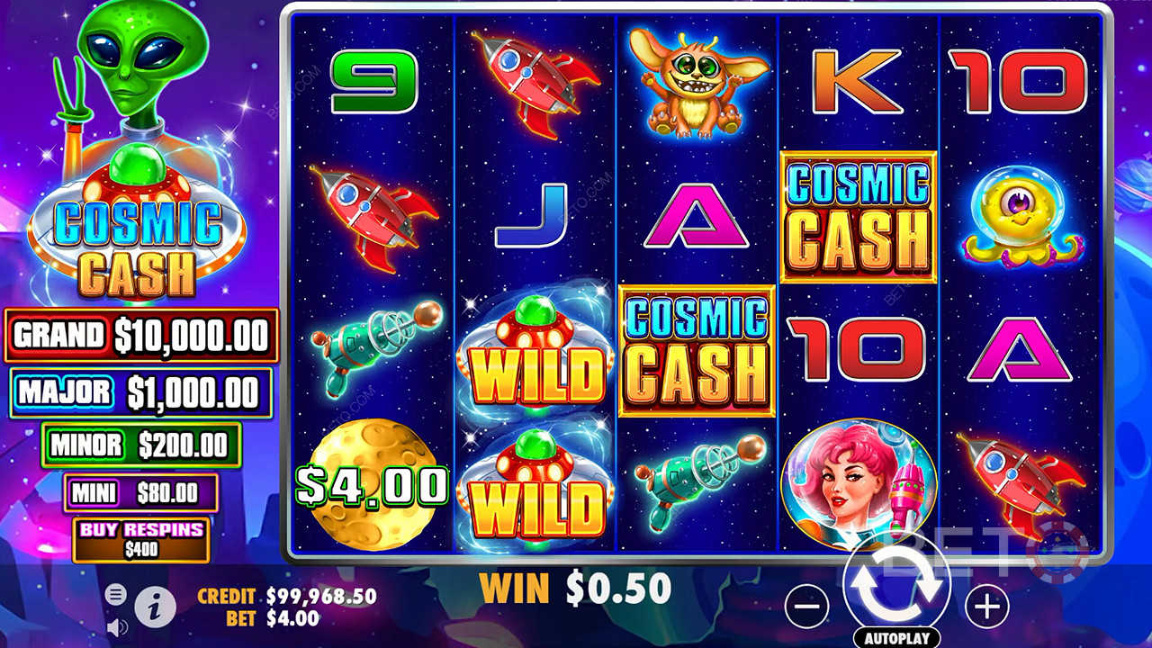 A Cosmic Cash kaszinó nyerőgép alapjátékában rengeteg Wild szimbólum található.