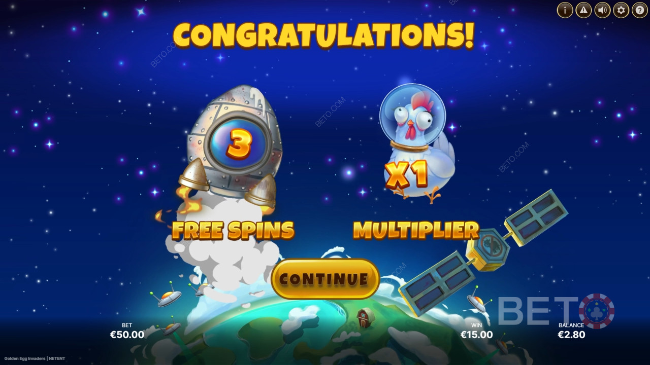 Bónusz funkciók magyarázata a Golden Egg Invaders játékban a következő által NetEnt