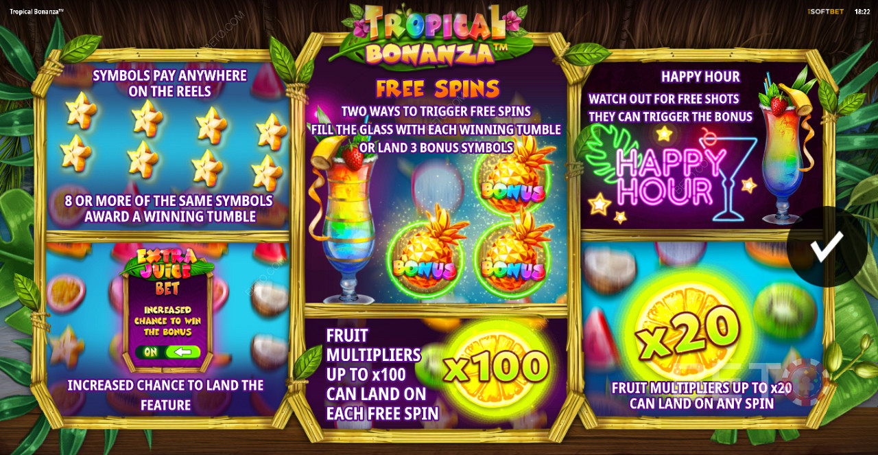 Élvezze az ingyenes pörgetéseket szorzókkal, módosítókkal és scatter nyereményekkel a Tropical Bonanza játékban