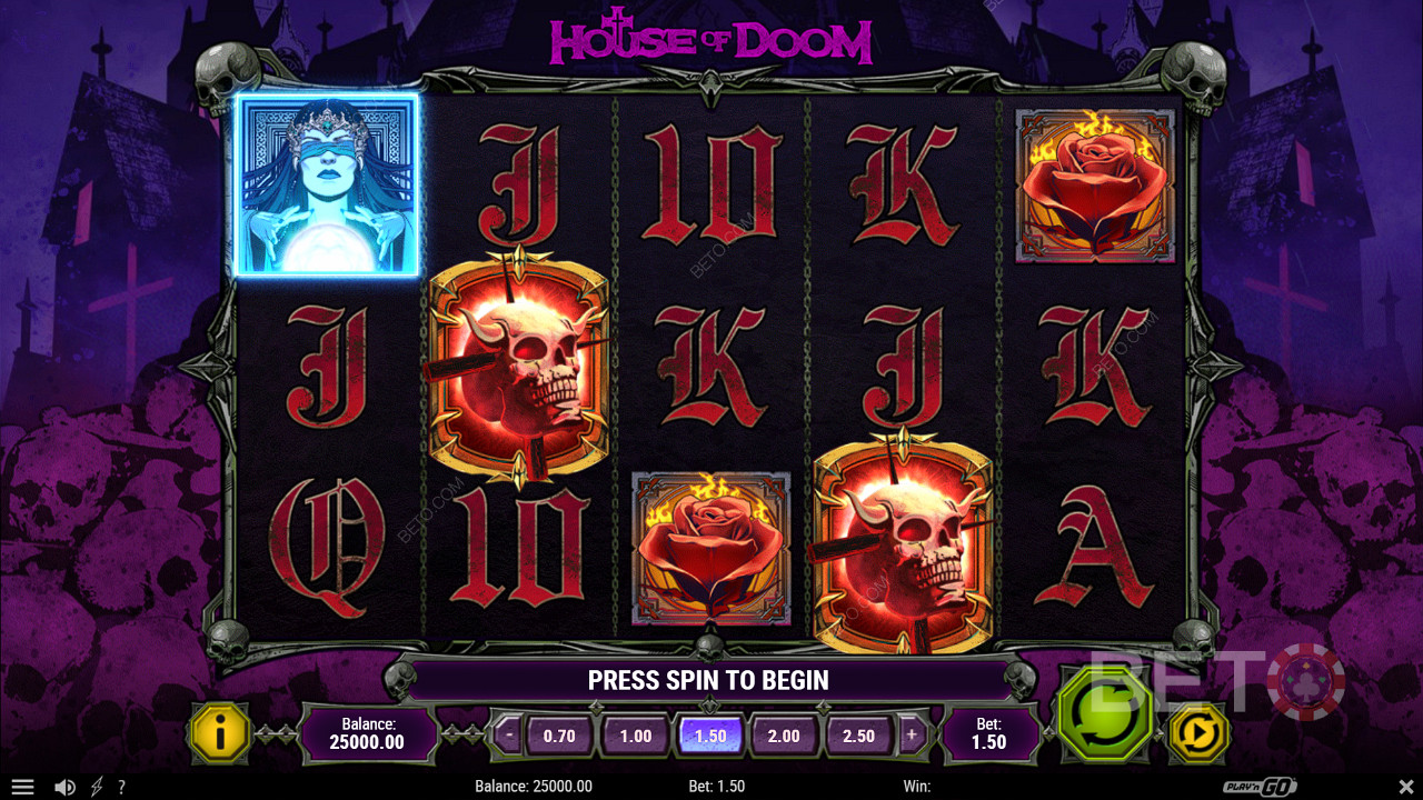 3 vagy több Doom szimbólum scatterrel nyissa meg a Doom Spins funkciót és a bónuszokat.