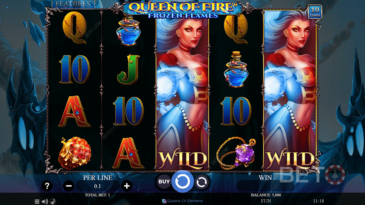 Élvezze a bővülő vadakat a Queen of Fire - Frozen Flames nyerőgép alapjátékában